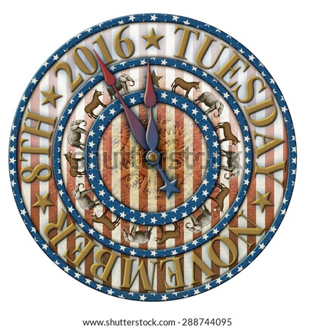 2016 Election countdown clock with election date and elephants and donkeys representing the Democratic and Republican parties. Hands are isolated separately to be placed and rotated around the clock.