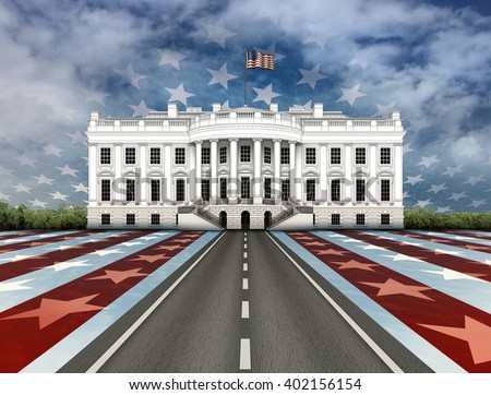 Digital illustration of the White House, a road leading to it, overlayed with stars and stripes.