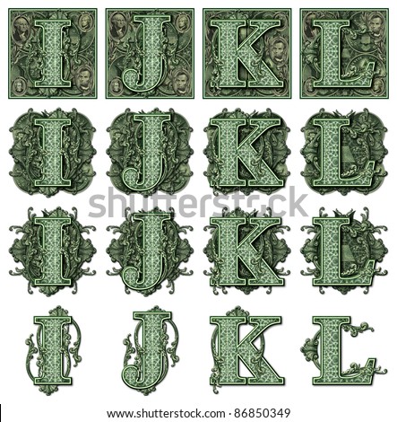 Photo-Illustration using parts of U.S. currency bills retouched and re-illustrated to create a new Money-themed alphabet. Seven total files can be downloaded to get a complete set.