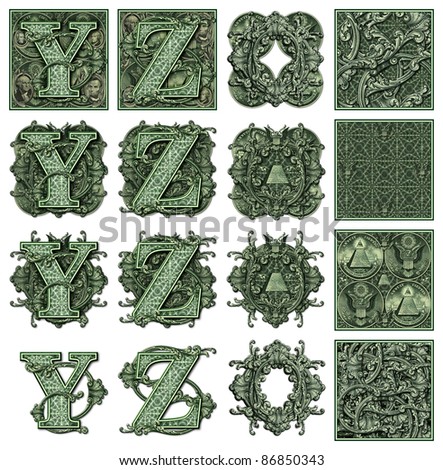Photo-Illustration using parts of U.S. currency bills retouched and re-illustrated to create a new Money-themed alphabet. Seven total files can be downloaded to get a complete set.