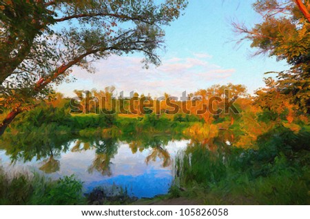 Colorful autumn trees reflected at the small pond. Digital structure of painting.