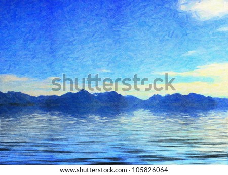 The blue sea with mountains. Grunge drawing. Digital structure of painting.