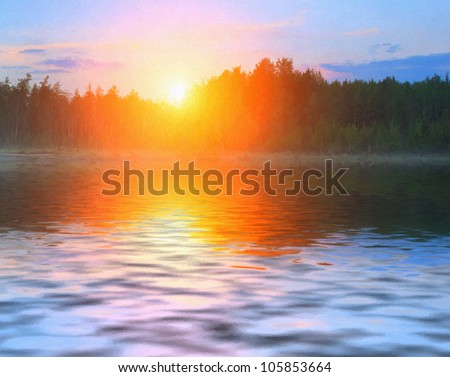 Reflection of the first rays of the sun in a misty forest lake.Digital structure of painting.