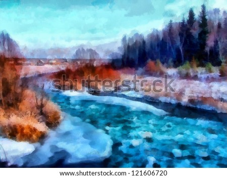 Digital structure of painting. Watercolor winter landscape
