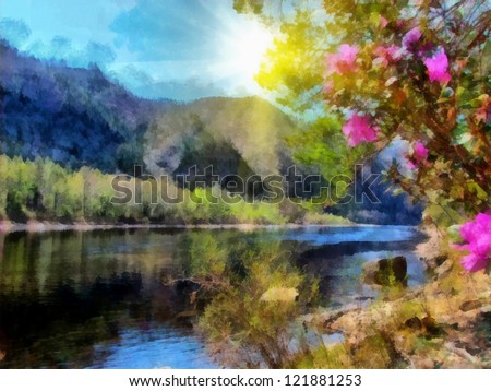 Digital structure of painting. Sunny spring landscape  on the river