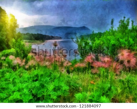Digital structure of painting. Sunny summer landscape  on the river