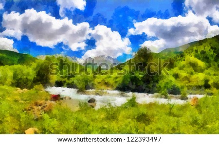 Digital structure of painting. Summer landscape in the woodland