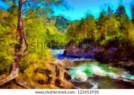 Digital structure of painting. Beautiful autumn landscape on the