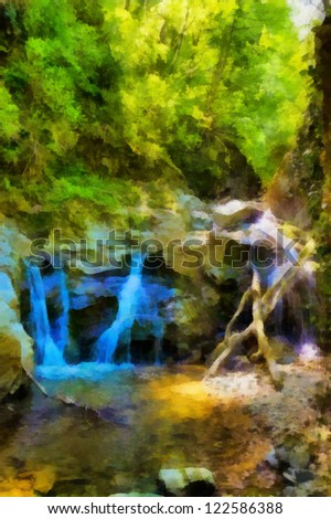 Digital structure of painting. Small waterfall in the forest