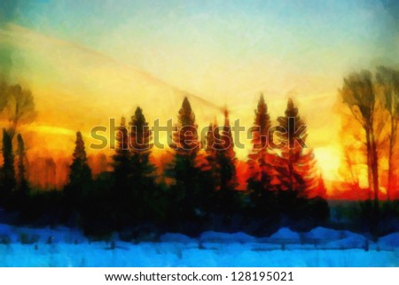 Digital structure of painting. Sunset in winter forest