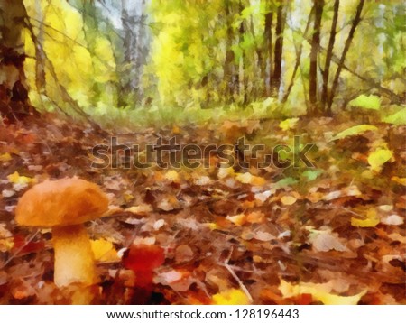 Digital structure of painting. Mushroom in the forest