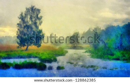 Digital structure of painting. Pond in the forest