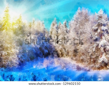 Digital structure of painting. Sunny winter forest