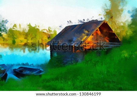 Digital structure of painting. Pond in country