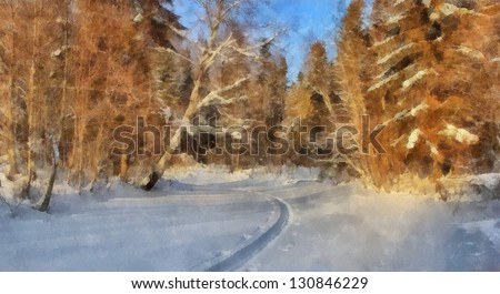 Digital structure of painting. Winter snowy forest