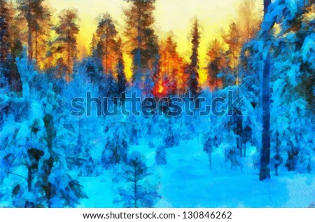 Digital structure of painting. Sunny winter forest
