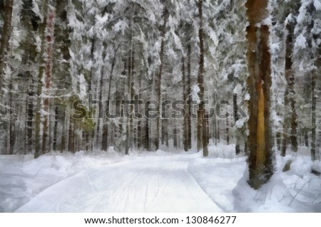 Digital structure of painting. Snowy forest