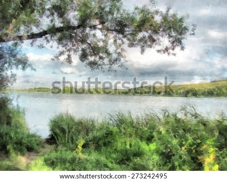 Watercolor summer landscape with river. Digital painting structure