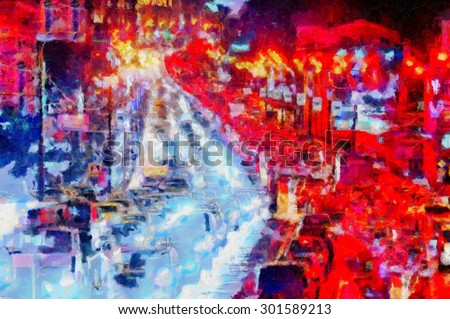 Digital painting of the structure. Lively night street with cars in colors