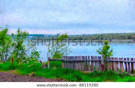 Oil picture with a kind on the river through a fence