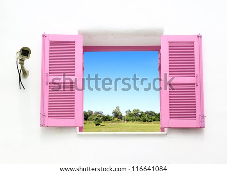 Greek style windows with cctv and country field view