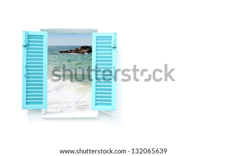 blue Greek style window with sea view