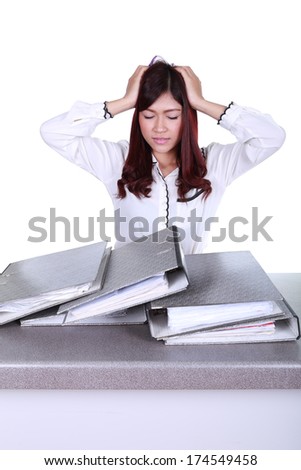 business woman worried with folder documents on desk isolated on white background