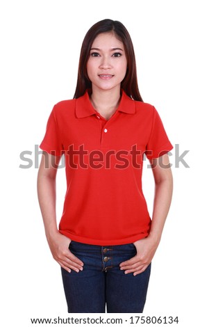 Young Beautiful Female With Blank Red Polo Shirt Isolated On White Background