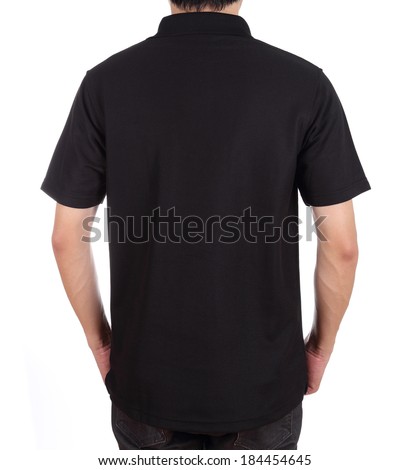 blank black polo shirt (back side) on man isolated on white background