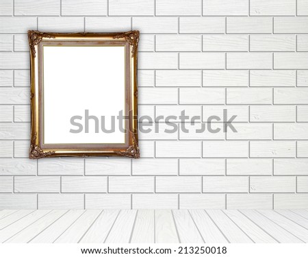blank golden frame in room with white wood wall (block style) and wood floor background