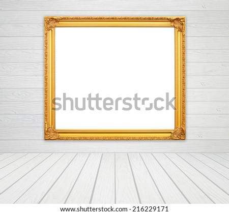 blank golden frame in room with white wood wall and wood floor background