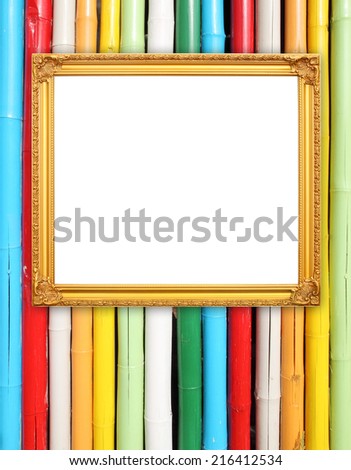 blank golden frame on colorful bamboo wall background