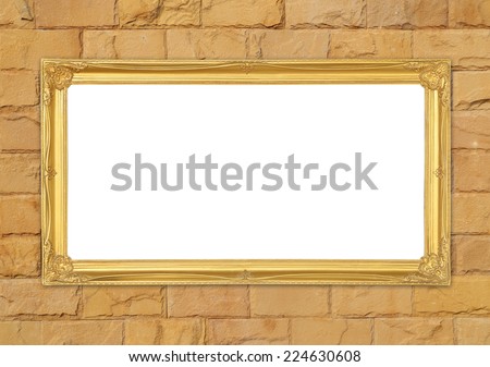 blank golden frame on brick stone wall background