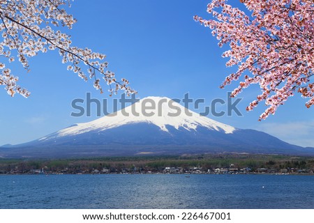 Mt.Fuji with Cherry Blossom at Lake Yamanaka, Yamanashi, Japan