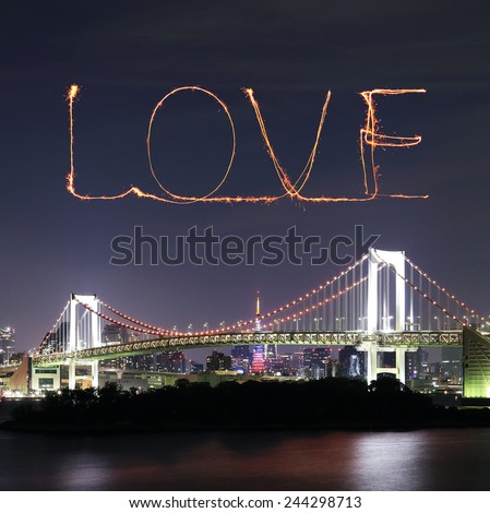 Love sparkle Fireworks celebrating over Tokyo Rainbow Bridge at Night, Odaiba, Japan