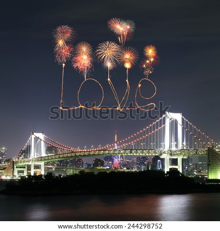 Love sparkle Fireworks celebrating over Tokyo Rainbow Bridge at Night, Odaiba, Japan