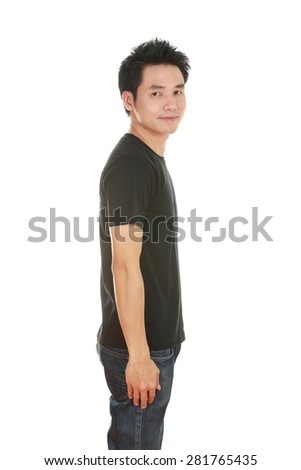 man with black t-shirt (side view) isolated on white background