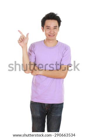 man think of idea with purple t-shirt isolated on white background