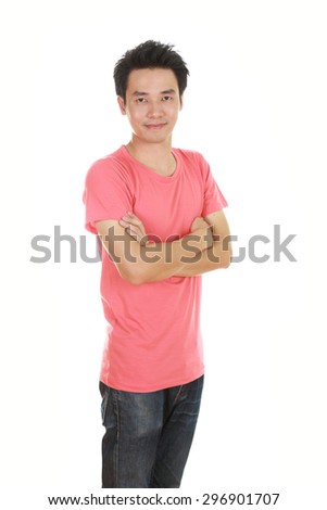 man with arms crossed, wearing pink t-shirt isolated on white background.