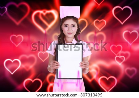 female nurse with blank clipboard with abstract pulse and heart background