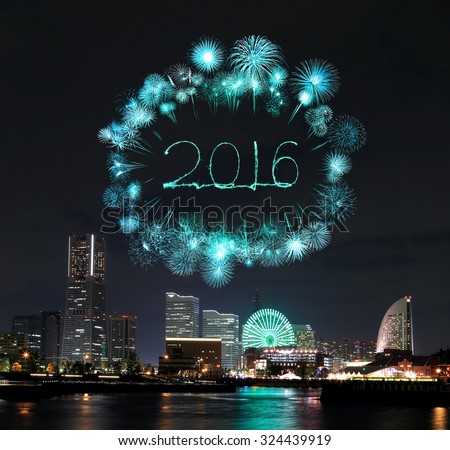 2016 New Year Fireworks celebrating over marina bay in Yokohama City, Japan