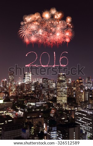 2016 New Year Fireworks celebrating over Tokyo cityscape at night, Japan