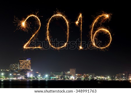 2016 Happy New Year Fireworks celebrating over Pattaya beach at night, Thailand