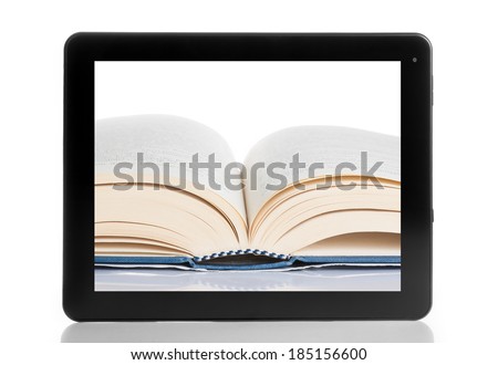 book and tablet pc isolated on white background, digital library concept