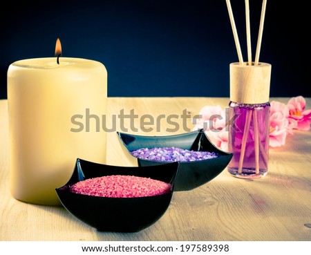 Spa massage border background with perfume diffuser and sea salt, warm atmosphere
