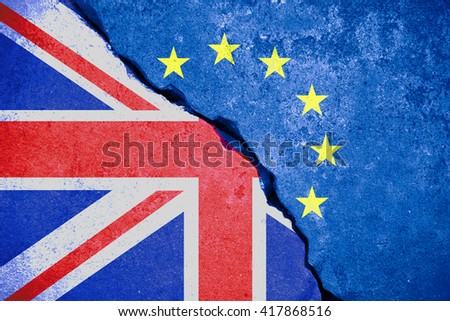 brexit blue european union EU flag on broken wall and half great britain flag, vote for united kingdom exit concept
