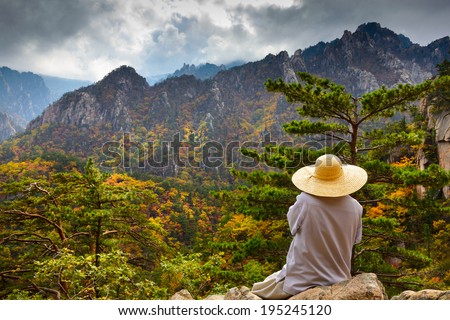 Buddhist monk meditation at seorak mountains at the Seorak-san National Park, Soraksan, South korea