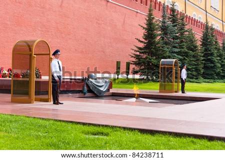 MOSCOW - JULY 4: Unidentified guard stands watch at the Eternal Flame post in front of the Kremlin in Moscow on July 4, 2011