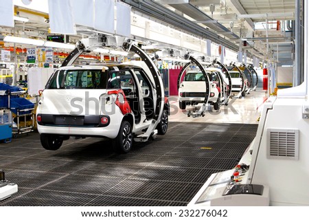 KRAGUJEVAC, SERBIA - CIRCA APRIL 2012: Car production line at Fiat Cars Serbia factory, circa April 2012 in Kragujevac.