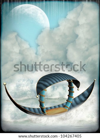 Fantasy Landscape with boat and big moon